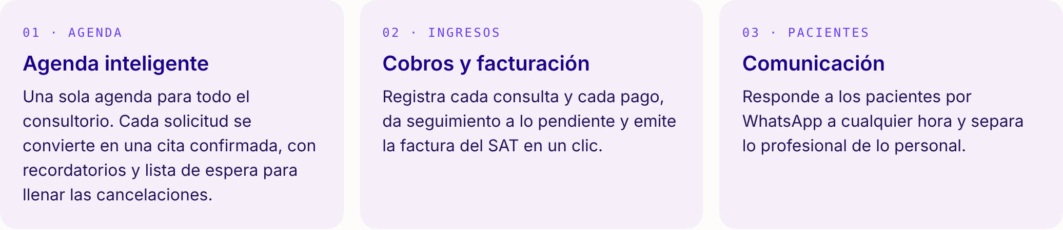 Tres frentes de Leona: agenda inteligente, cobros y facturación, y comunicación con pacientes.